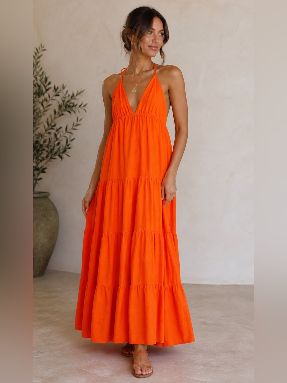 Bold Summer Orange Woven Maxi Smock Dress Tiered V-Neck Sleeveless UK 14‎
